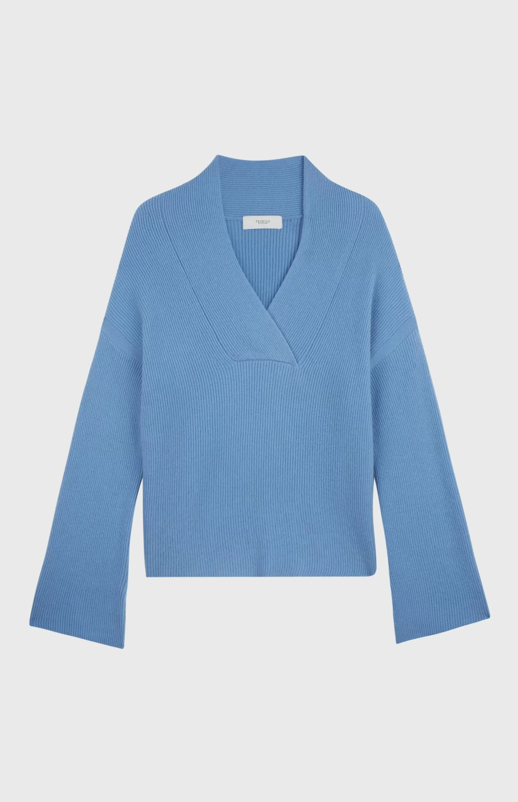 Outlet Wool Cashmere Blend Shawl Neck Jumper With Fine Rib In Cornflower Blue Men/Women Medium Weight Knits