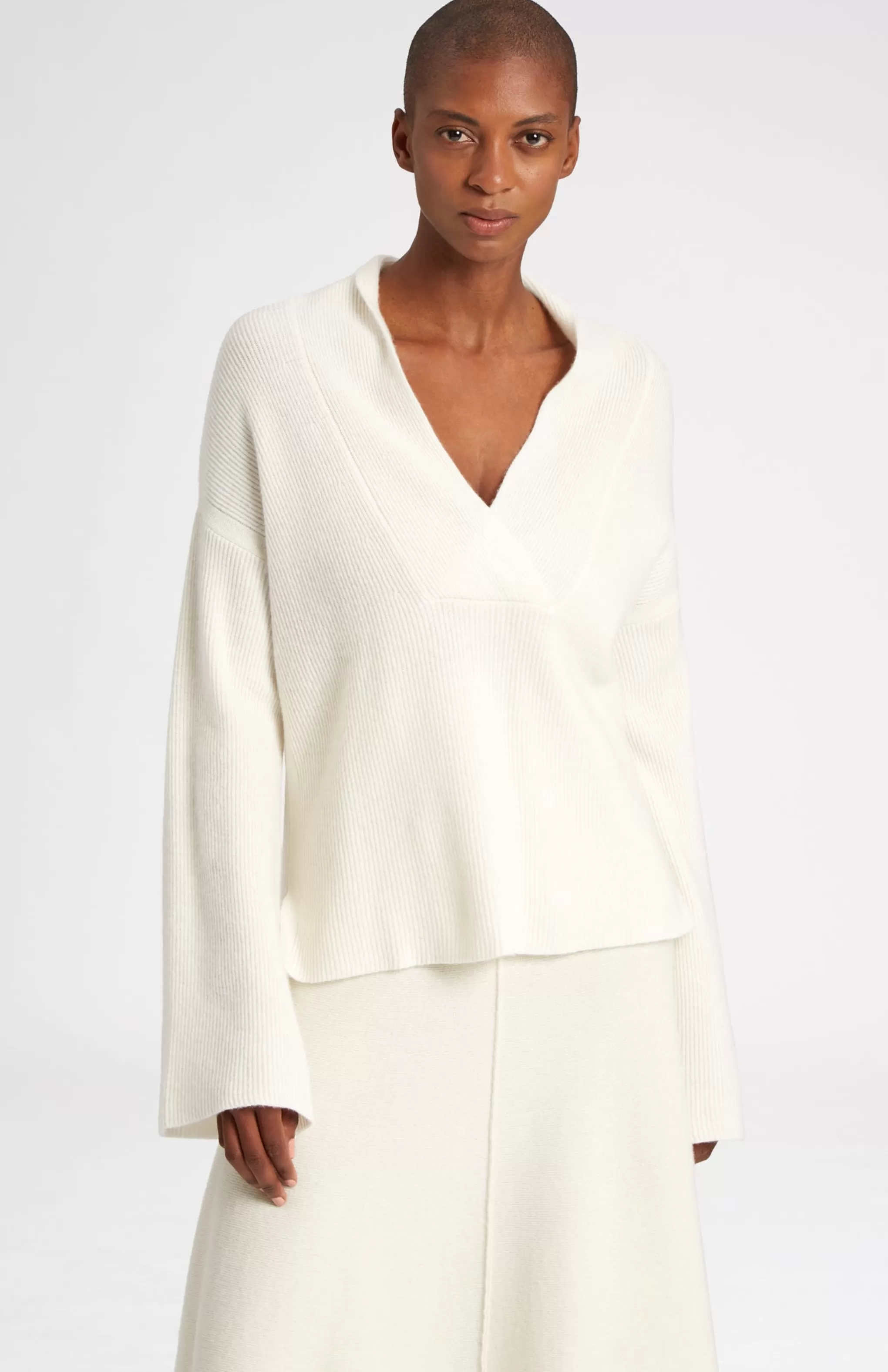 Discount Wool Cashmere Blend Shawl Neck Jumper With Fine Rib In Cream Men/Women Best Sellers