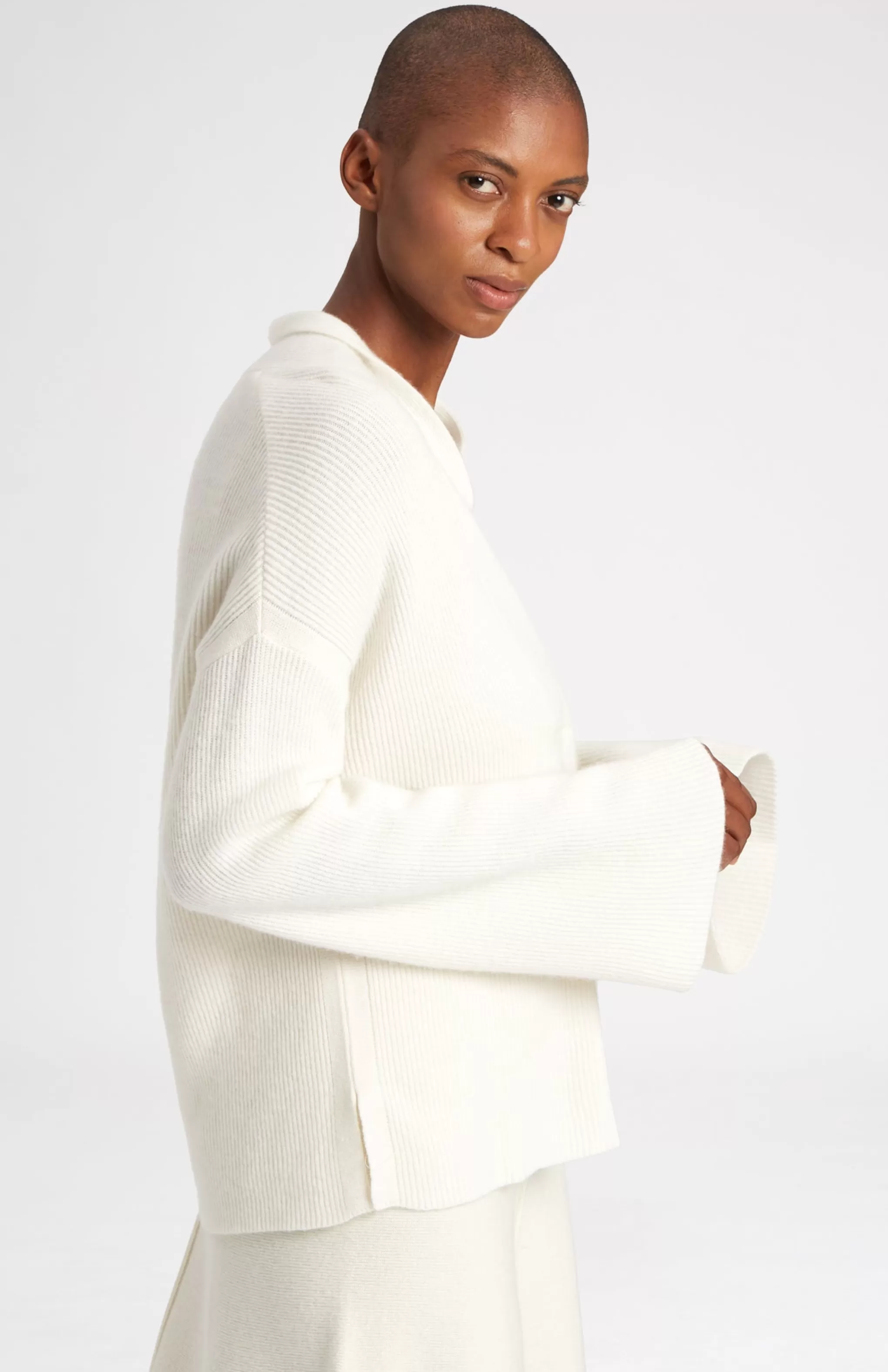 Discount Wool Cashmere Blend Shawl Neck Jumper With Fine Rib In Cream Men/Women Best Sellers