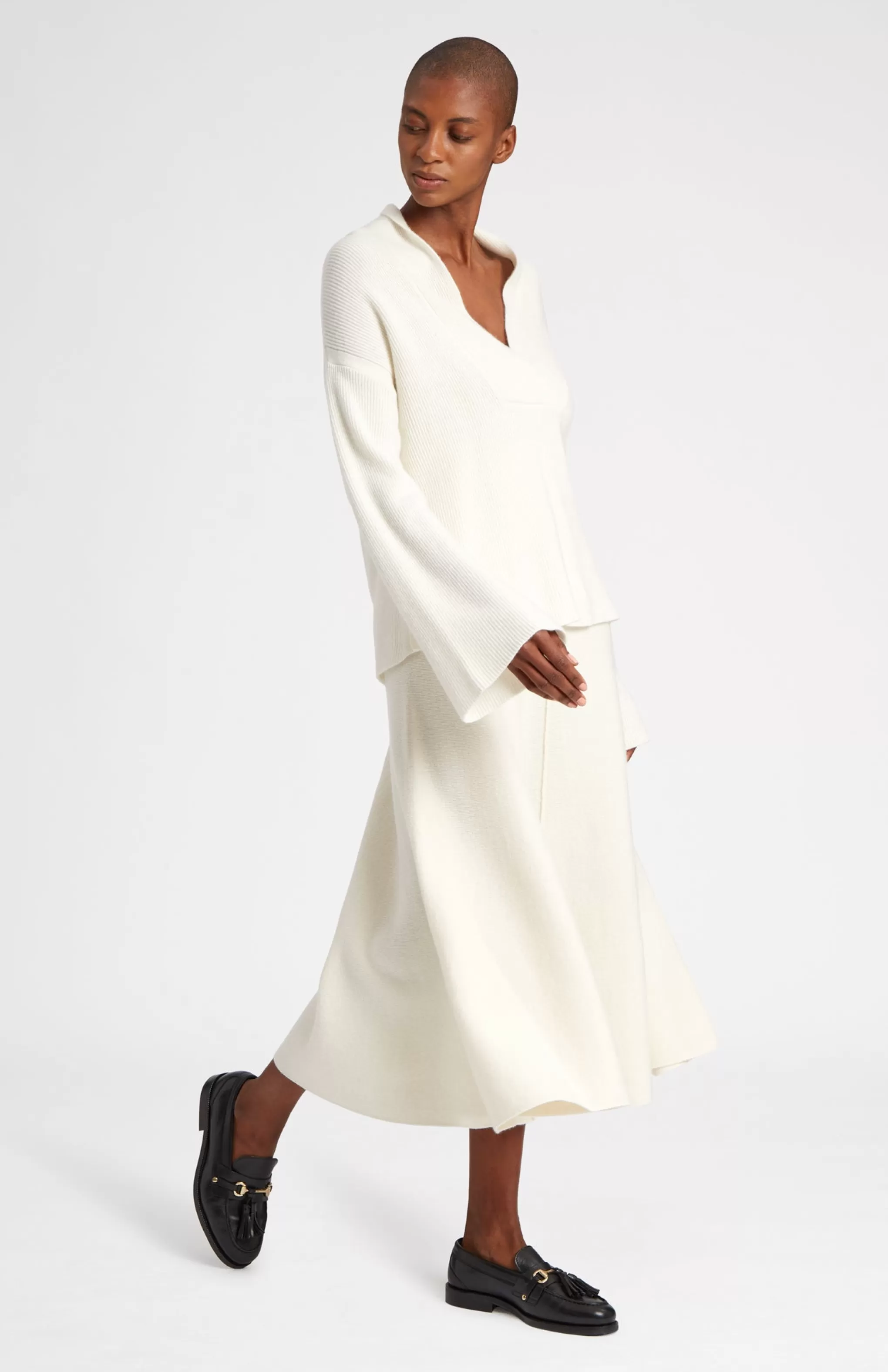 Discount Wool Cashmere Blend Shawl Neck Jumper With Fine Rib In Cream Men/Women Best Sellers