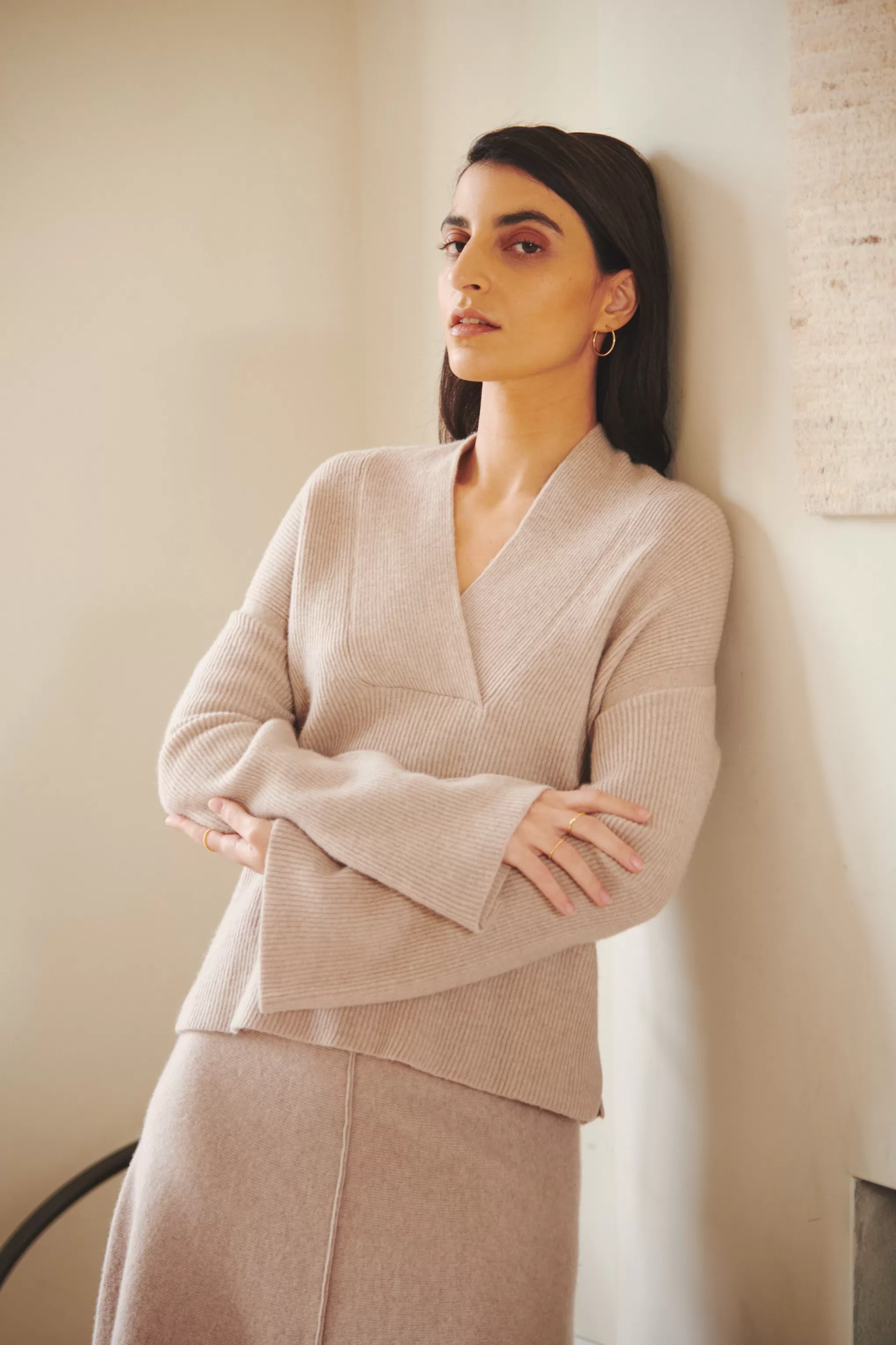 Online Wool Cashmere Blend Shawl Neck Jumper With Fine Rib In Stone Melange Men/Women Medium Weight Knits