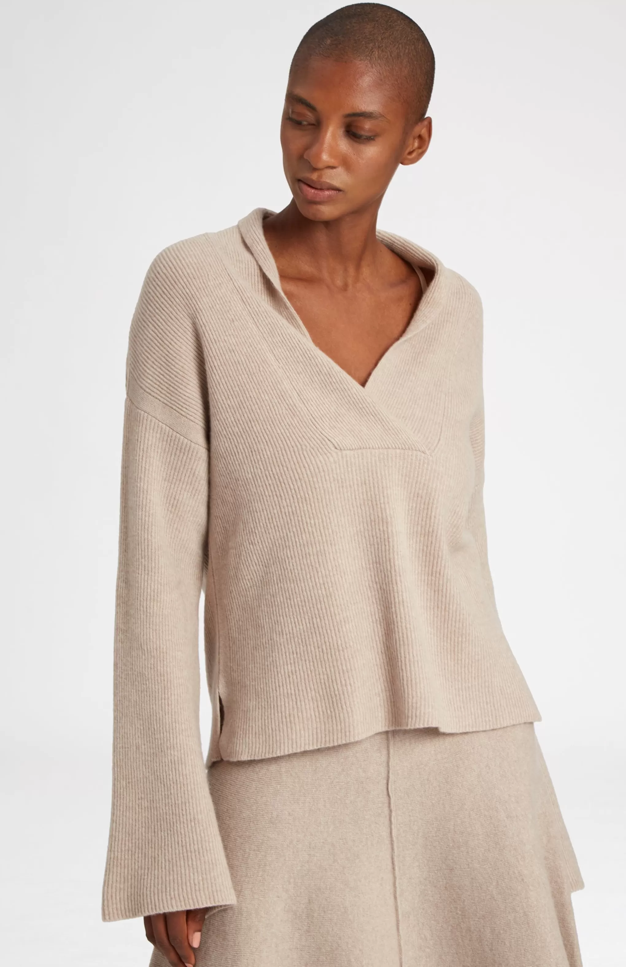 Fashion Wool Cashmere Blend Shawl Neck Jumper With Fine Rib In Stone Melange Men/Women Lambswool