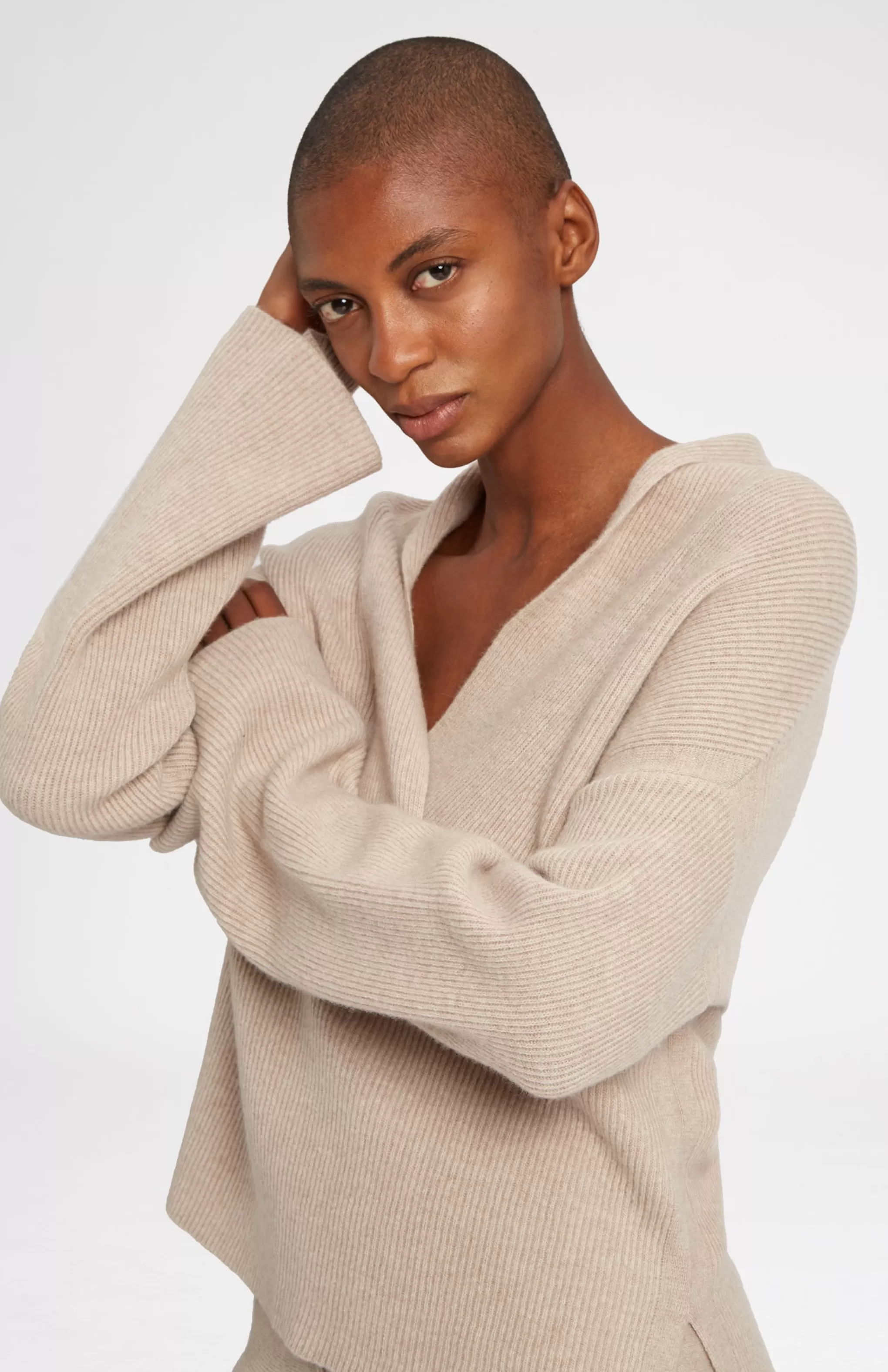 Fashion Wool Cashmere Blend Shawl Neck Jumper With Fine Rib In Stone Melange Men/Women Lambswool