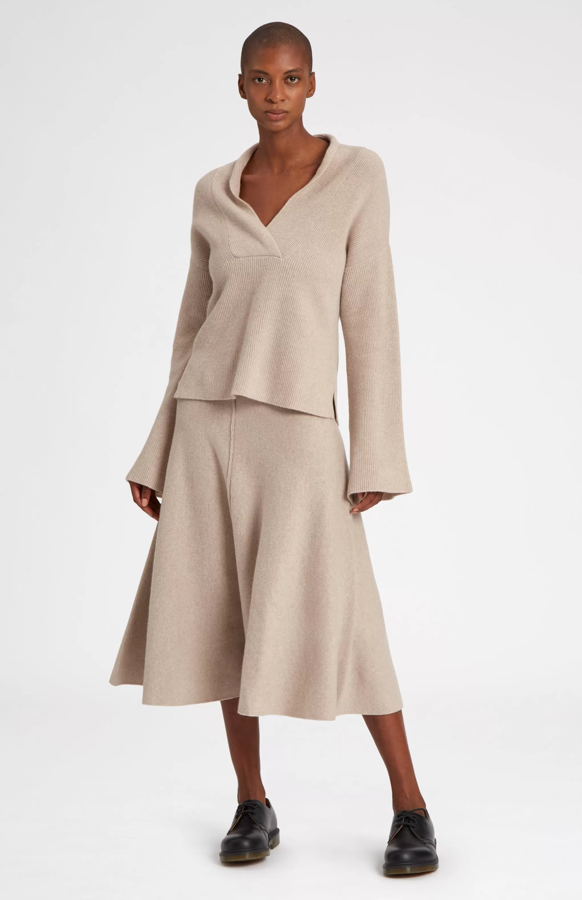 Outlet Wool Cashmere Blend Shawl Neck Jumper With Fine Rib In Stone Melange Men/Women Best Sellers