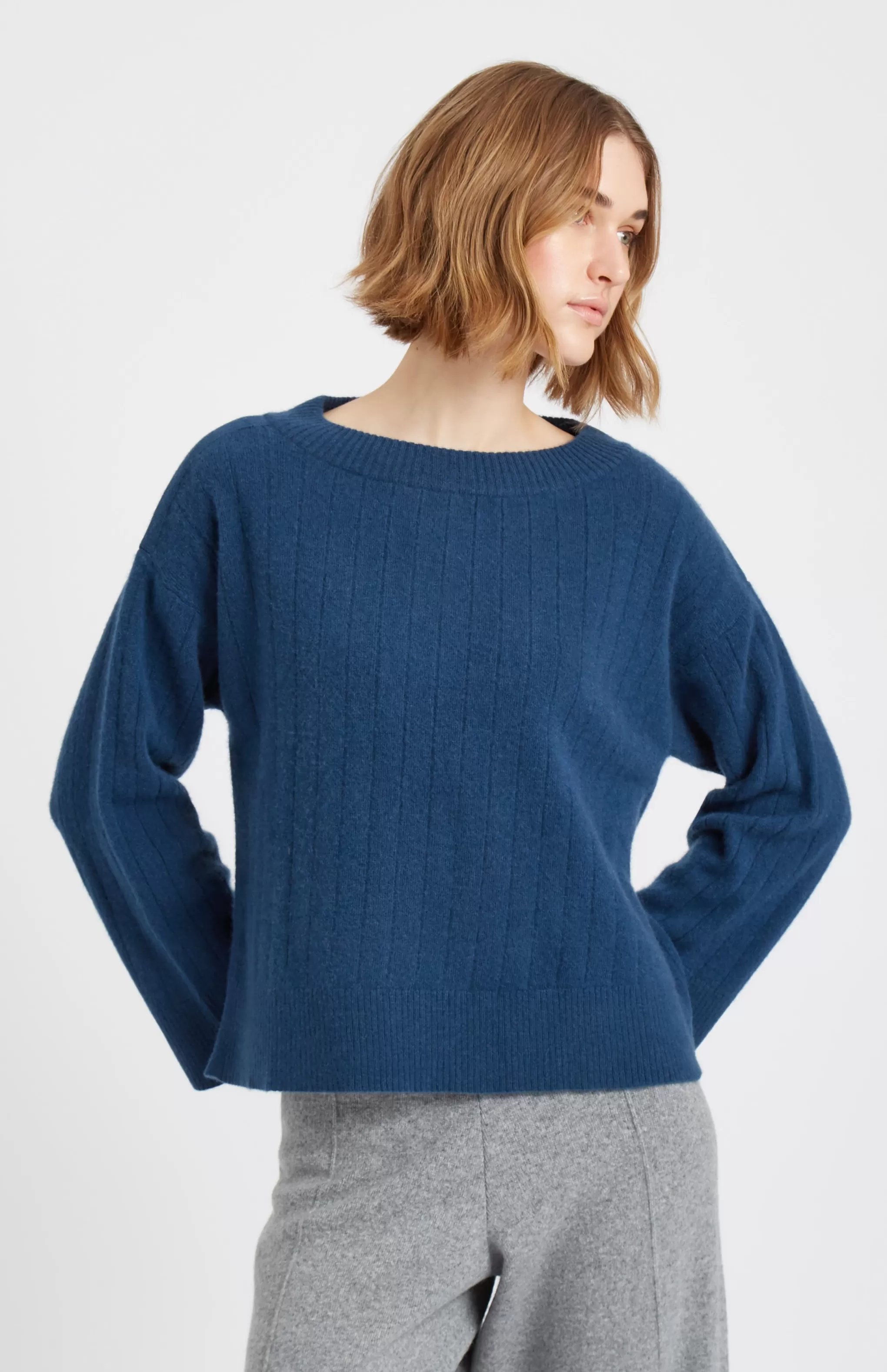 Discount Wool Cashmere Blend Wide Neck Rib Jumper In Night Sky Men/Women Medium Weight Knits