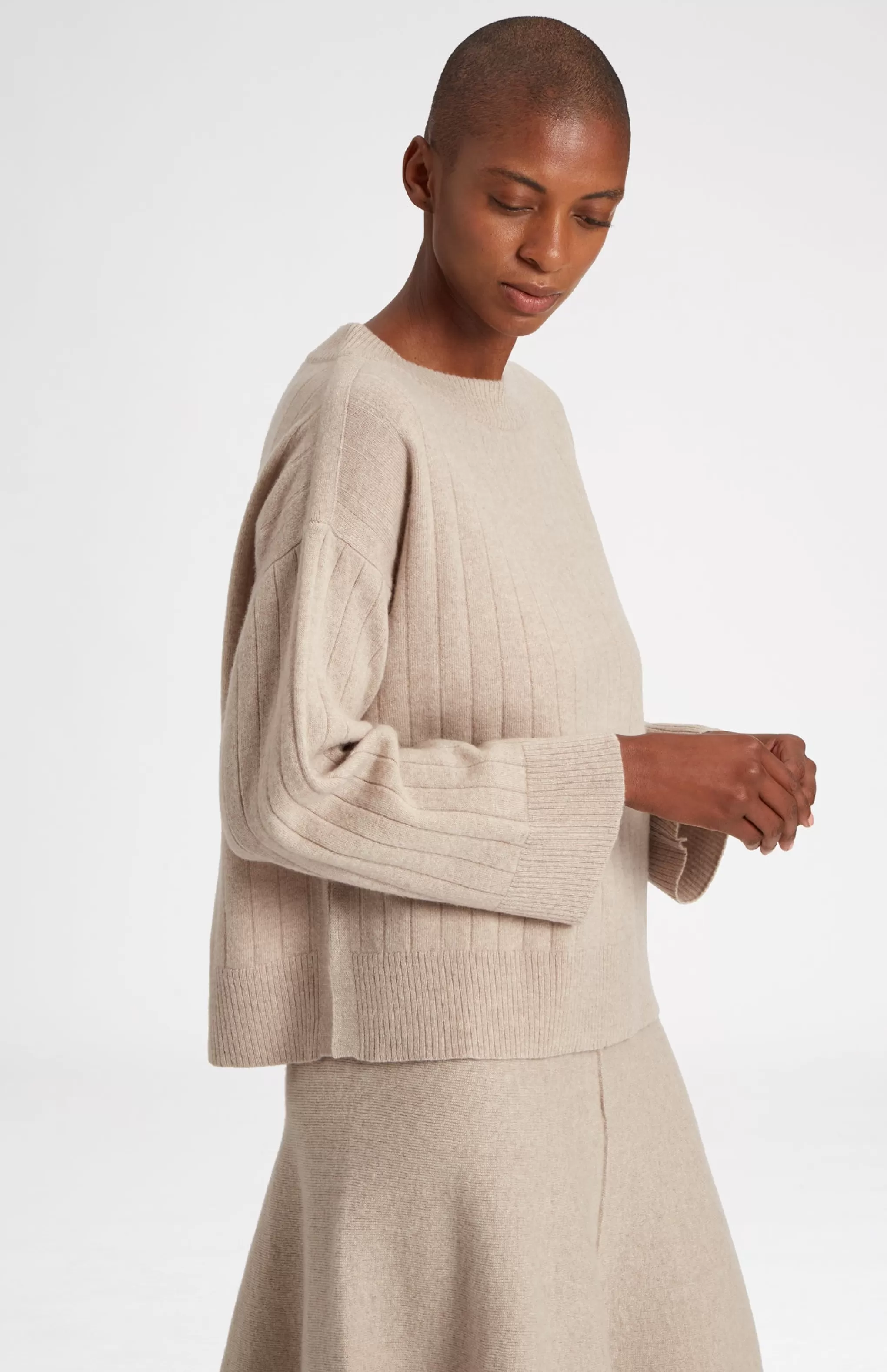 Outlet Wool Cashmere Blend Wide Neck Rib Jumper In Stone Melange Men/Women Lambswool