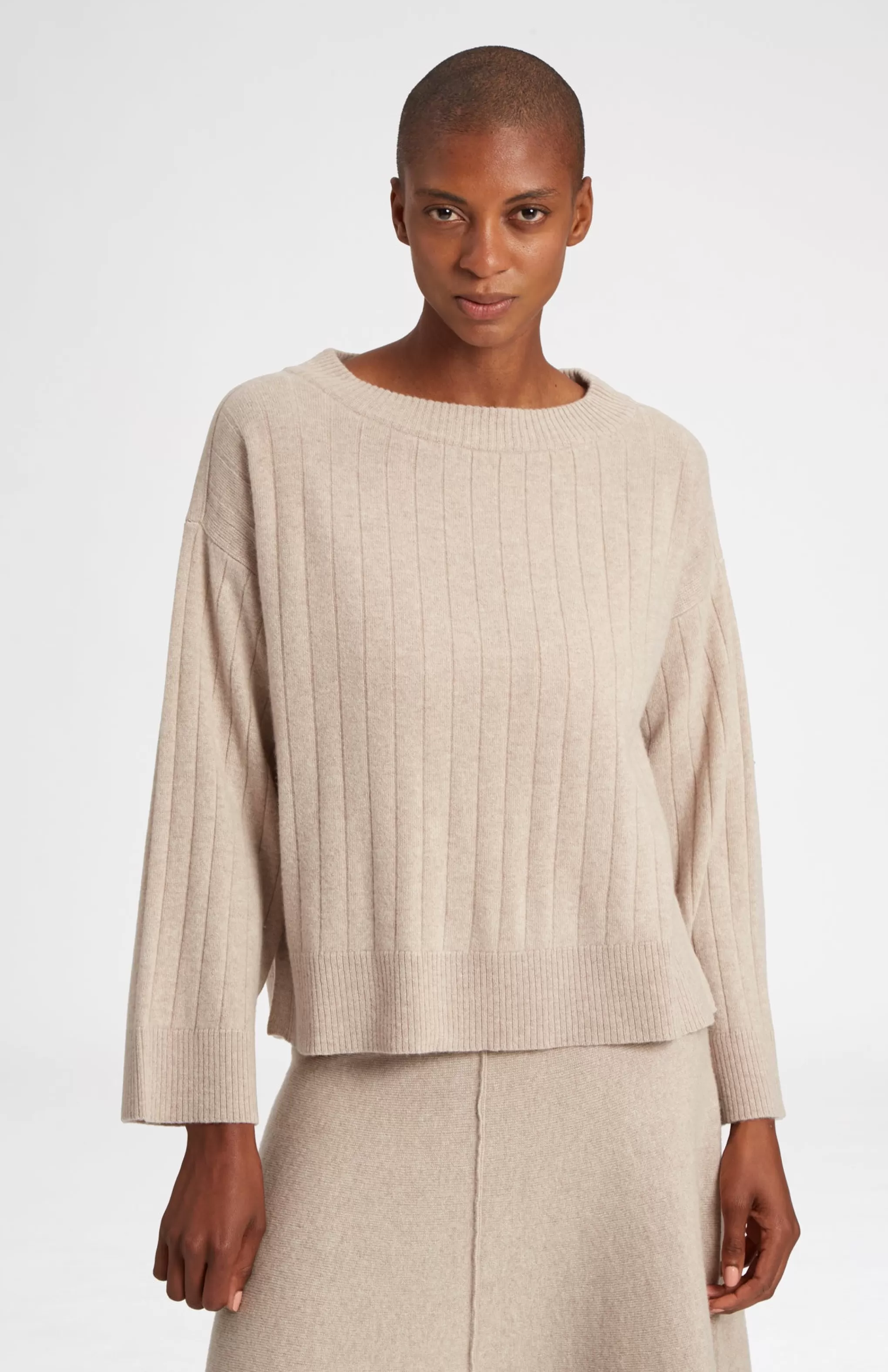 New Wool Cashmere Blend Wide Neck Rib Jumper In Stone Melange Men/Women Loungewear