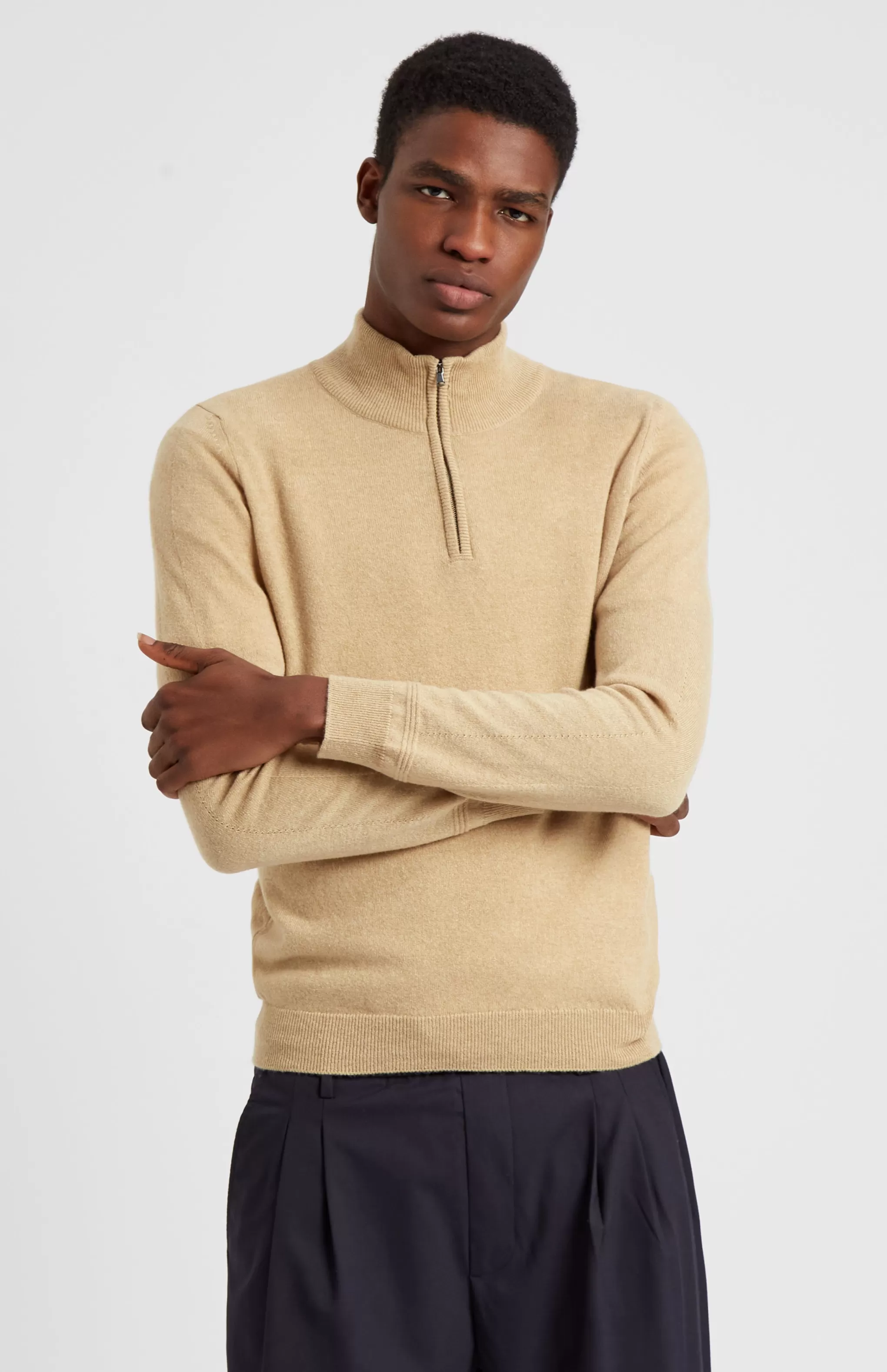 Online Zip Neck Cashmere Jumper In Sand Men Jumpers